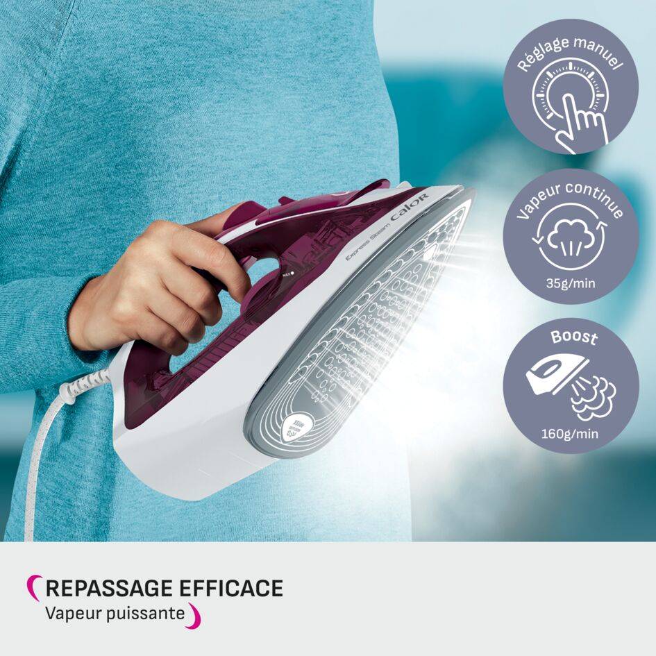 Express Steam, Fer à Repasser Vapeur, 35&nbsp;g/min, Pressing 160&nbsp;g/min, Calor