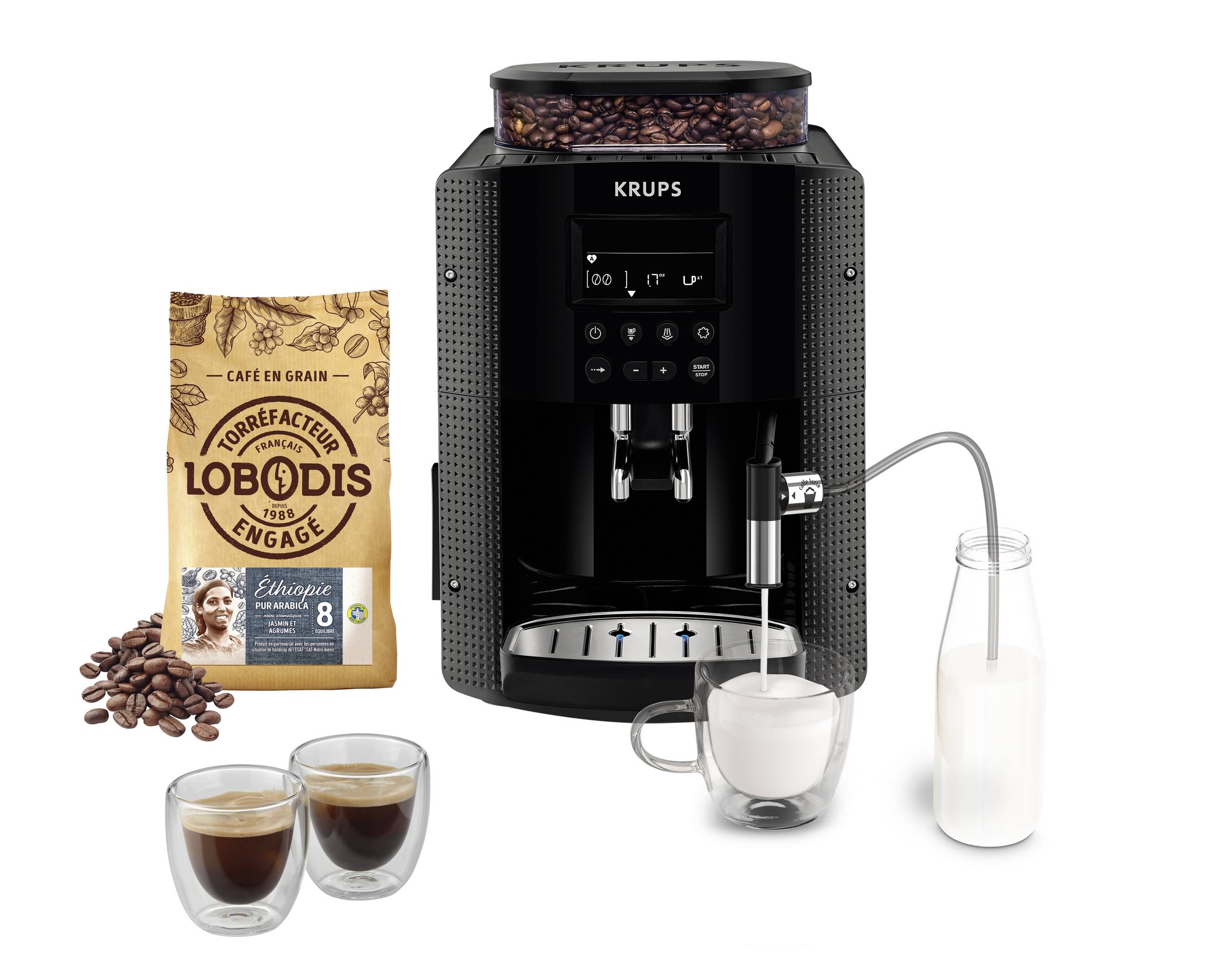 Essential, Machine à café à grain, Ecran LCD + accessoire lait + 2 tasses espresso + café en grains Lobodis EA8168F2