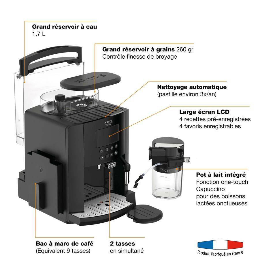 Arabica Latte, Machine à café à grain, 5 boissons, Ecran LCD, mousseur de lait