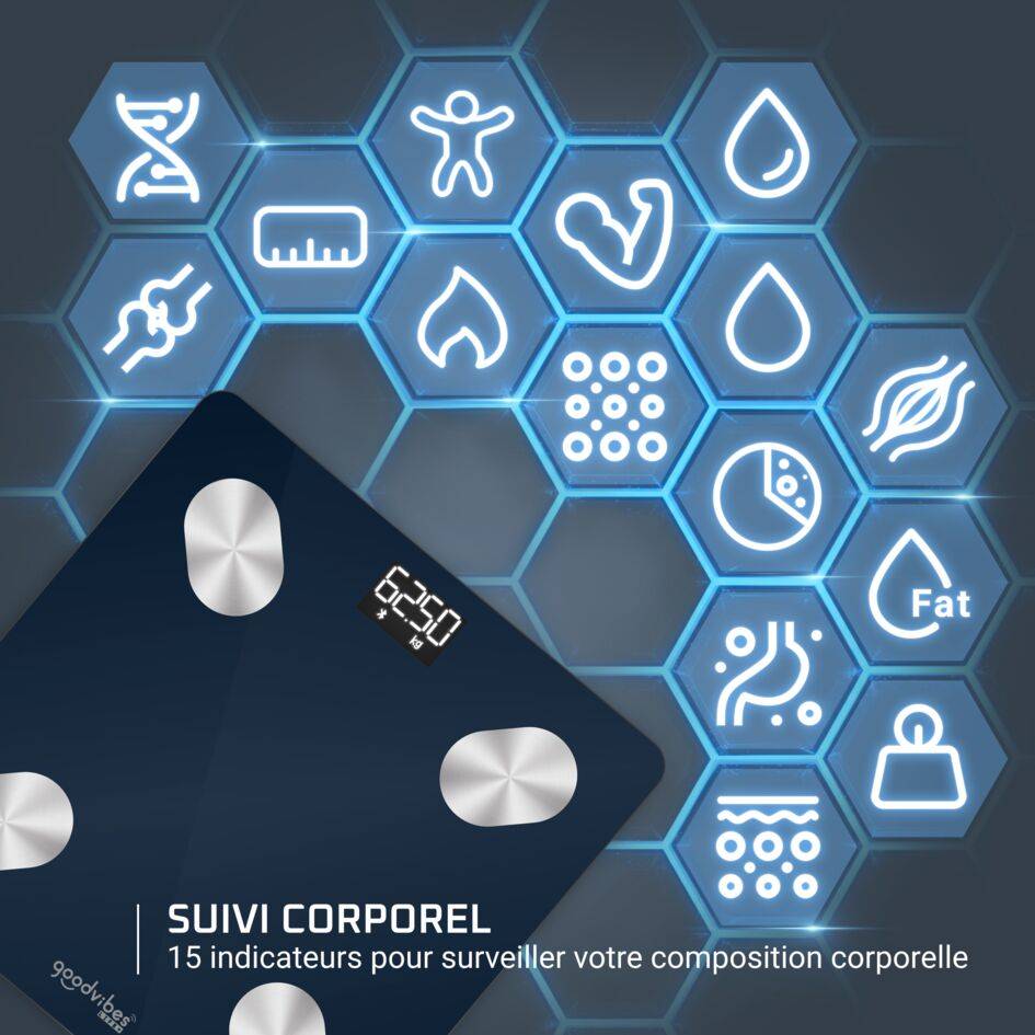 Goodvibes Life + 2.0, Pèse-personne connecté, Application intuitive, 15 indicateurs