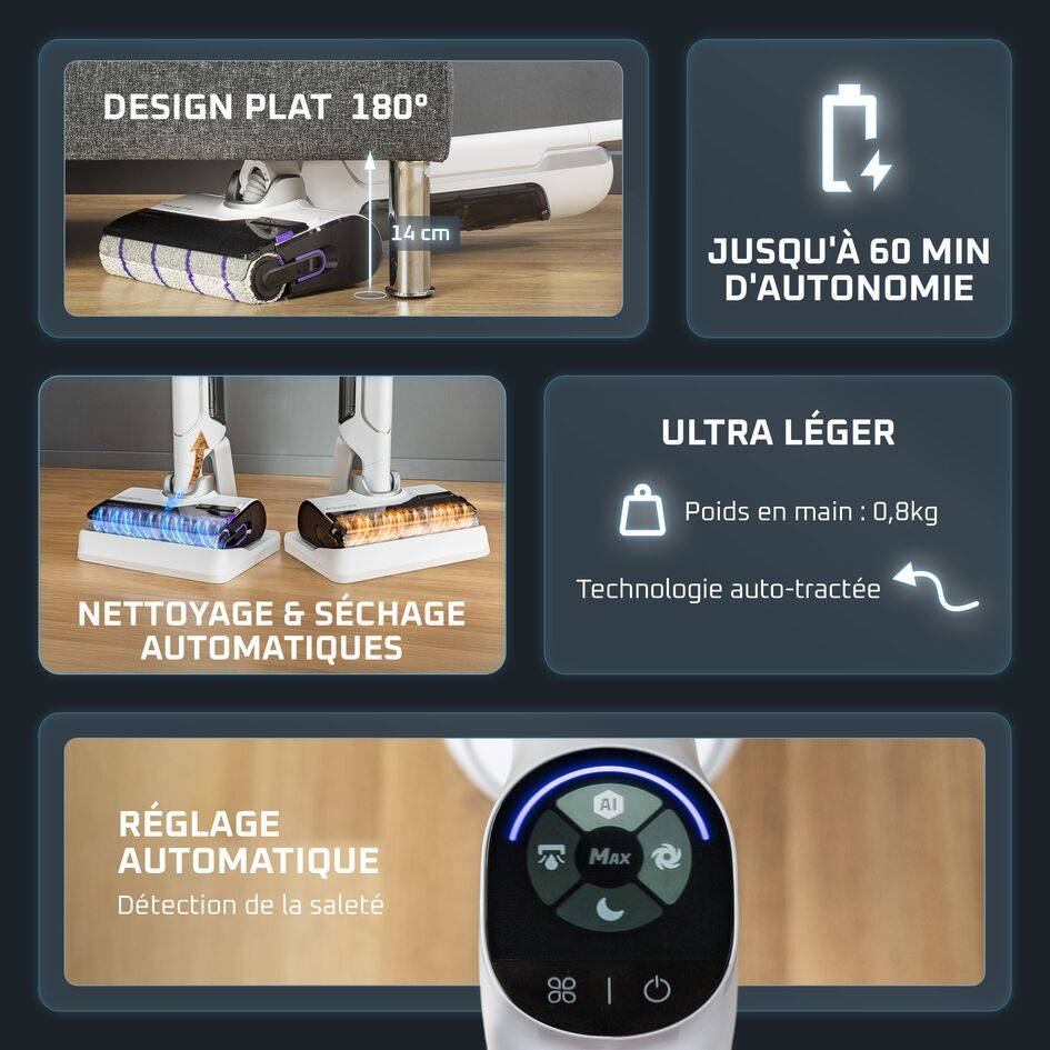 X-Clean 10 Aspirateur laveur sans fil, Longue autonomie, Nettoyage et séchage automatique