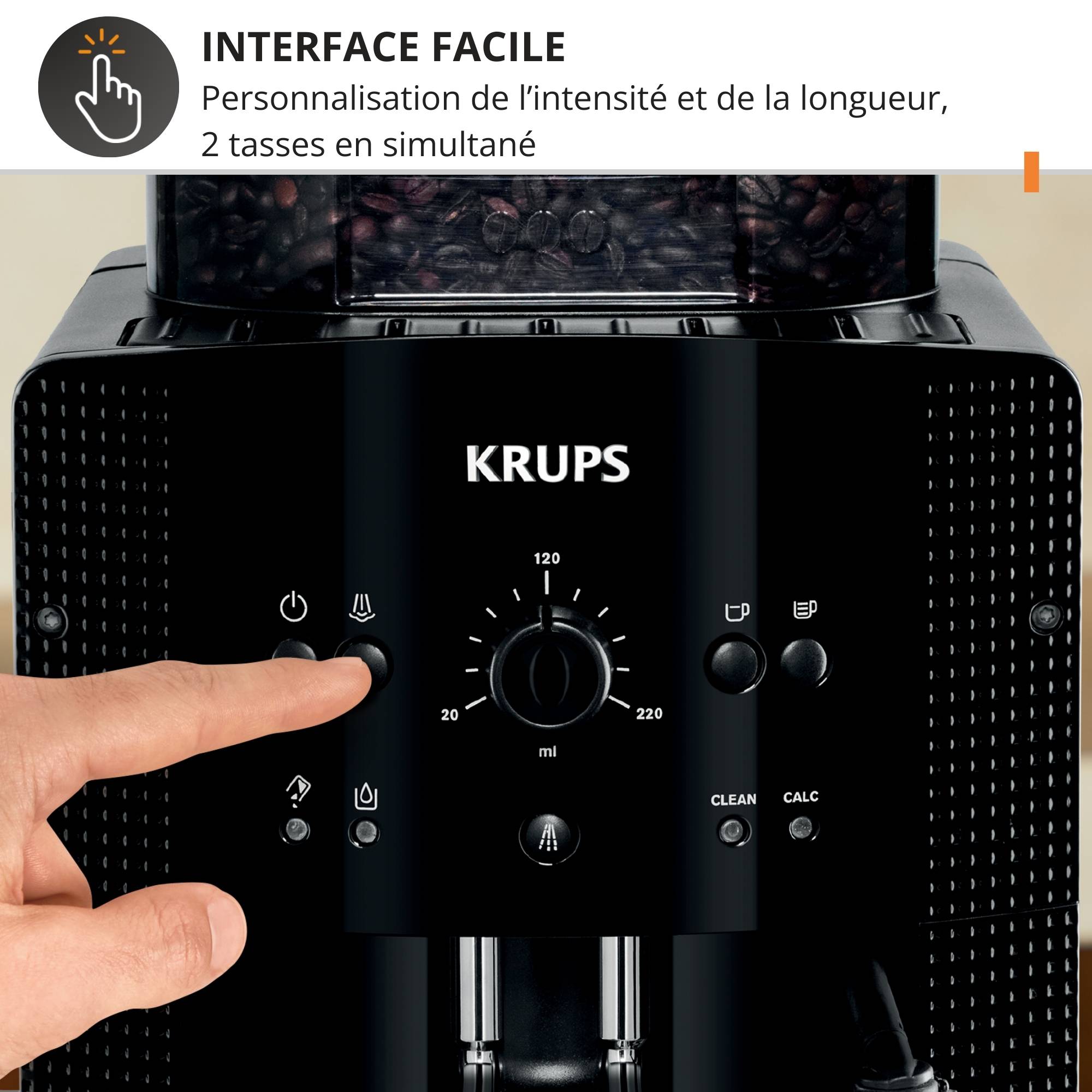 Essential, Krups, Machine à café à grains, Interface boutons, Buse vapeur pour Cappuccino