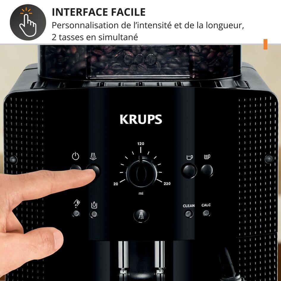 Essential, Krups, Machine à café à grains, Interface boutons, Buse vapeur pour Cappuccino