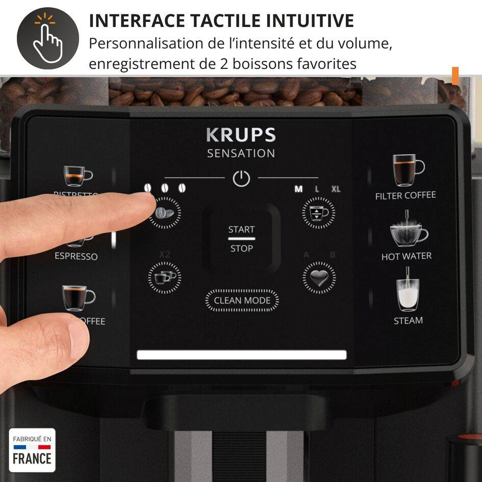 RECONDITIONNÉ Sensation, Krups, Machine à café à grains, 4 recettes café, Interface tactile