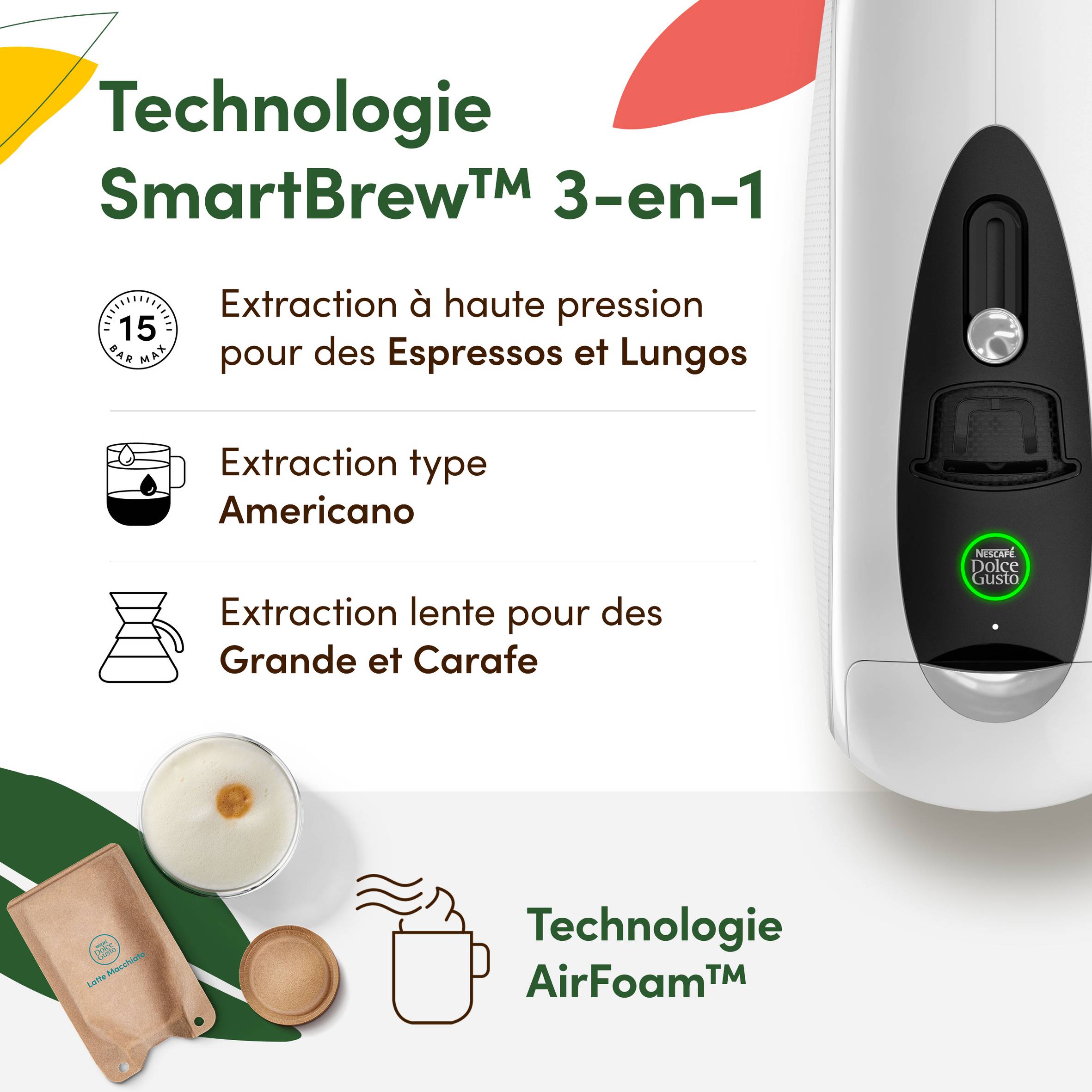 NESCAFE DOLCE GUSTO NEO LATTE - Machine À Café KRUPS  pour Dosettes Compostables - Technologie Brevetée SmartBrew 3-En-1 - Cafetière Connectée - Boissons lactées, KP850110