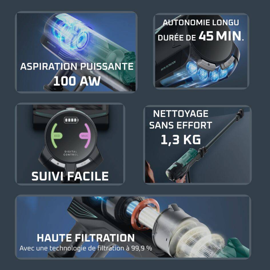 X-Force&nbsp;8.80, Aspirateur balai sans fil, Nettoyage puissant, 100&nbsp;AW, 45&nbsp;min
