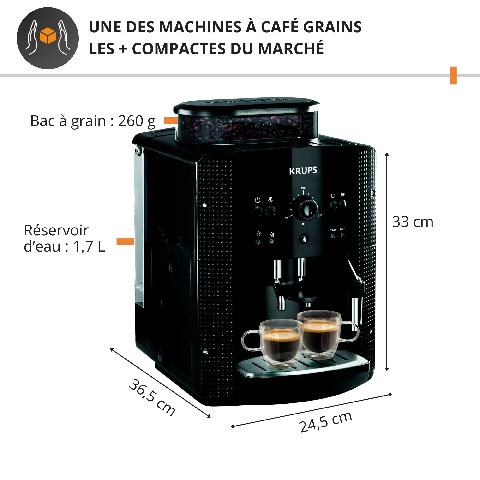 Essential, Krups, Machine à café à grains, Interface boutons, Buse vapeur pour Cappuccino