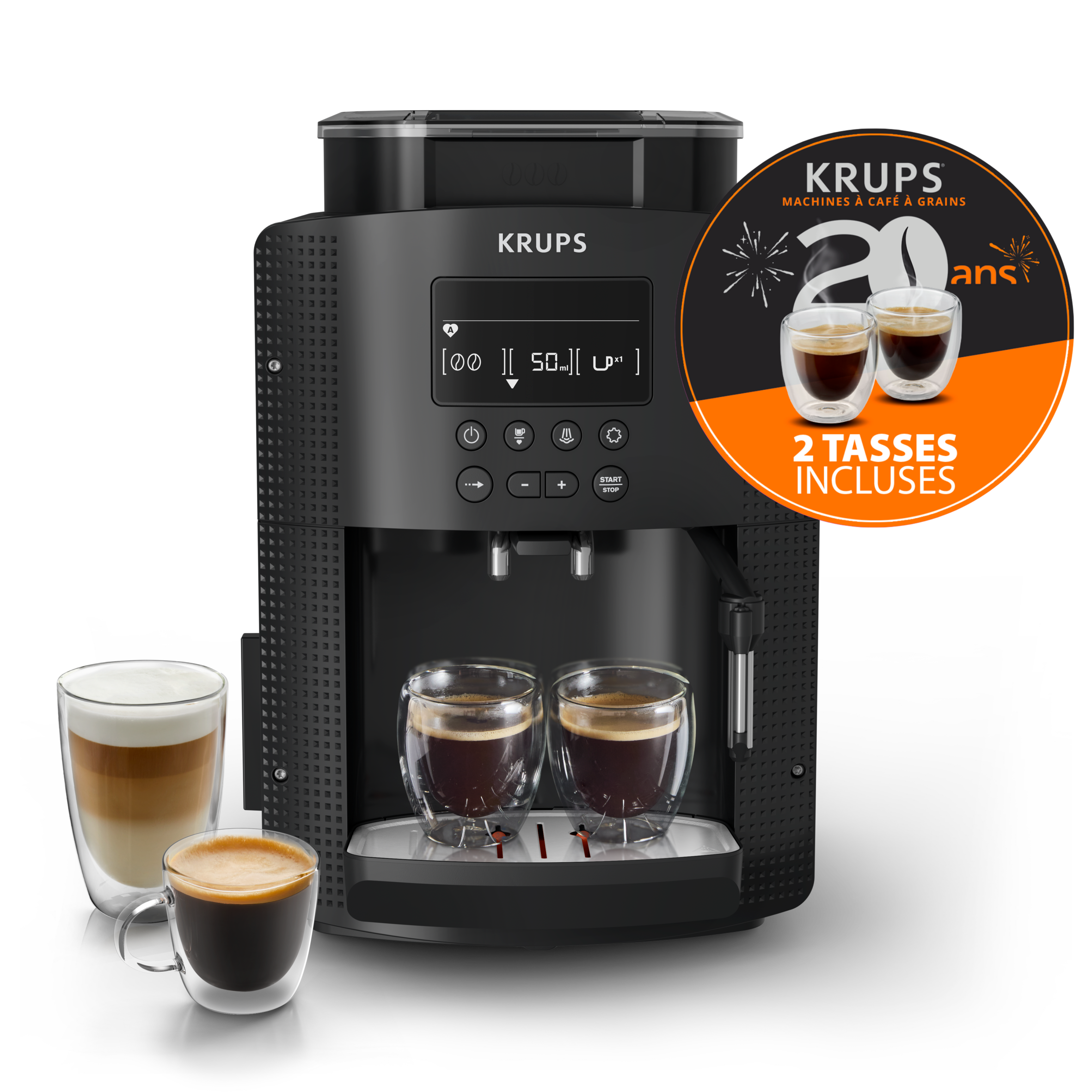 Krups Essential, Machine espresso automatique, Ecran LCD, Buse vapeur cappuccino, 2 tasses incluses