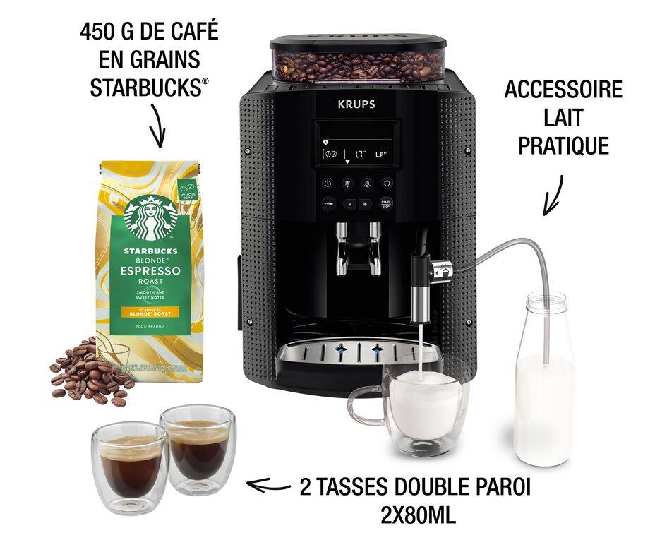Essential, Machine à café à grain Ecran LCD + accessoire lait + 2 tasses espresso + café en grains Starbucks inclus EA8168F1