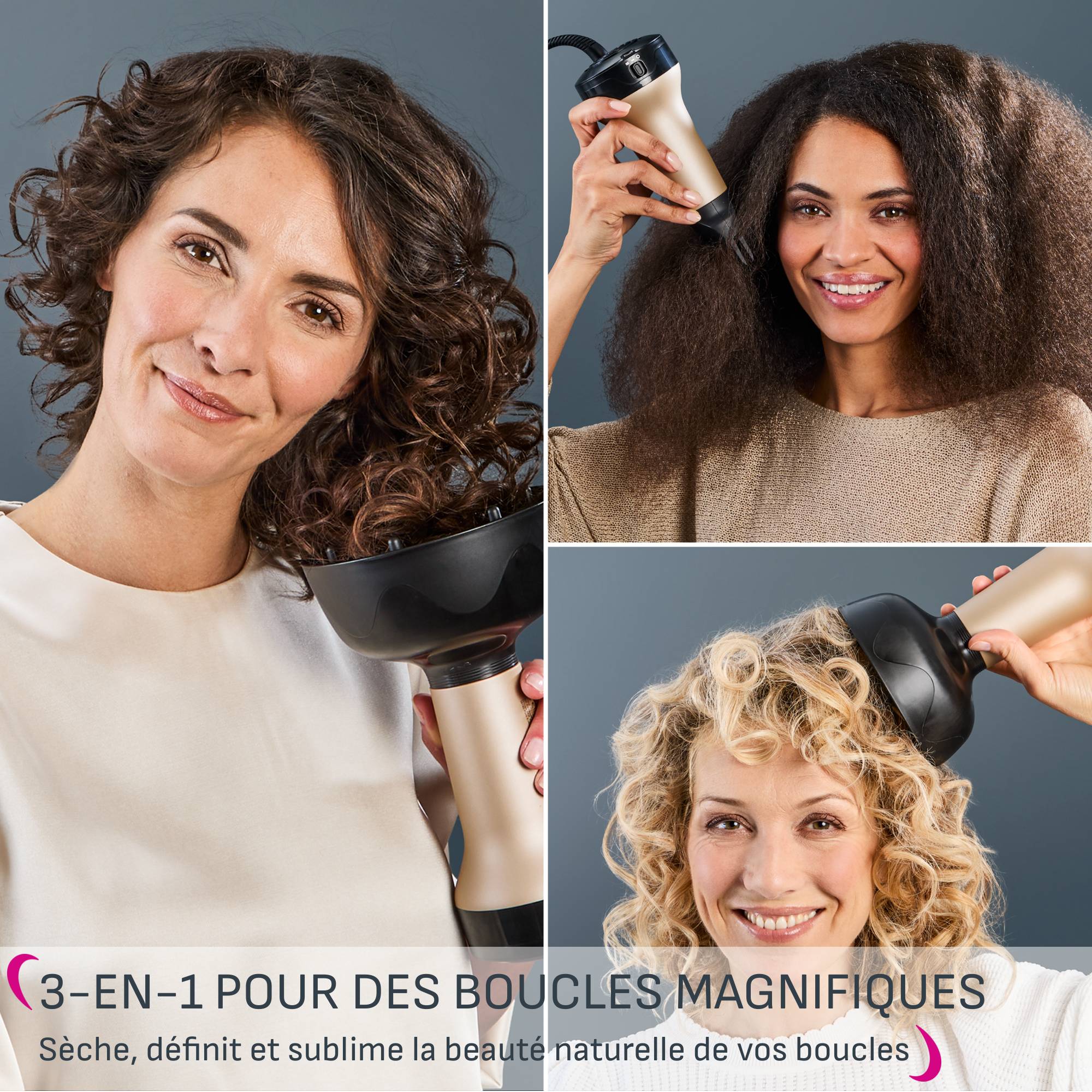 Curl Harmony, Sèche-cheveux diffuseur 3-en-1, Conçu pour les cheveux bouclés