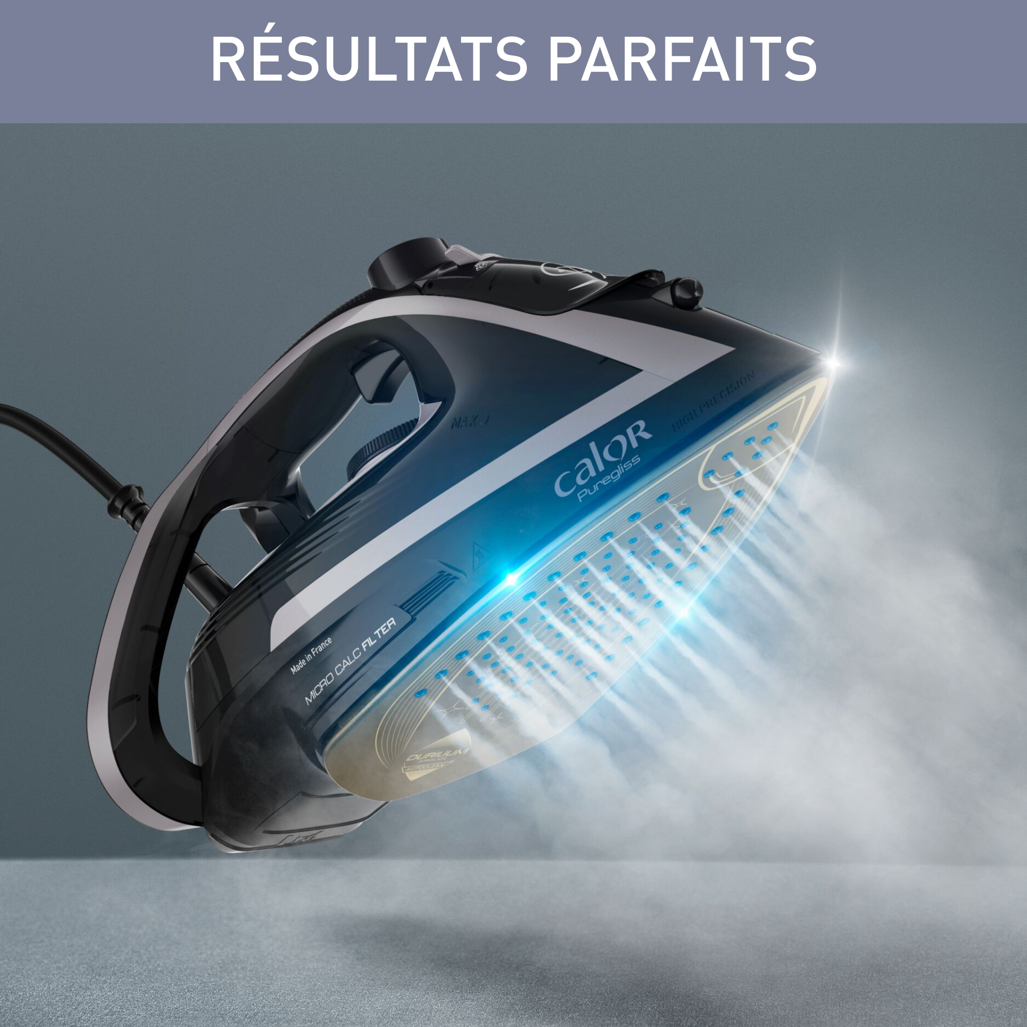 Puregliss, Fer à Repasser Vapeur, 50g/min, Pressing  280 g/min, Filtre Micro-Calc, Calor