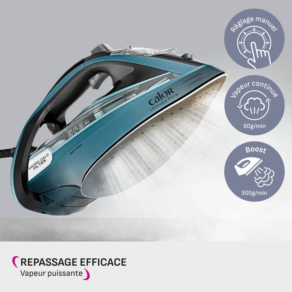 Ultimate Pure, Fer à Repasser Vapeur, 60 g/min, Pressing 300 g/min, Filtre Micro Calc, Calor