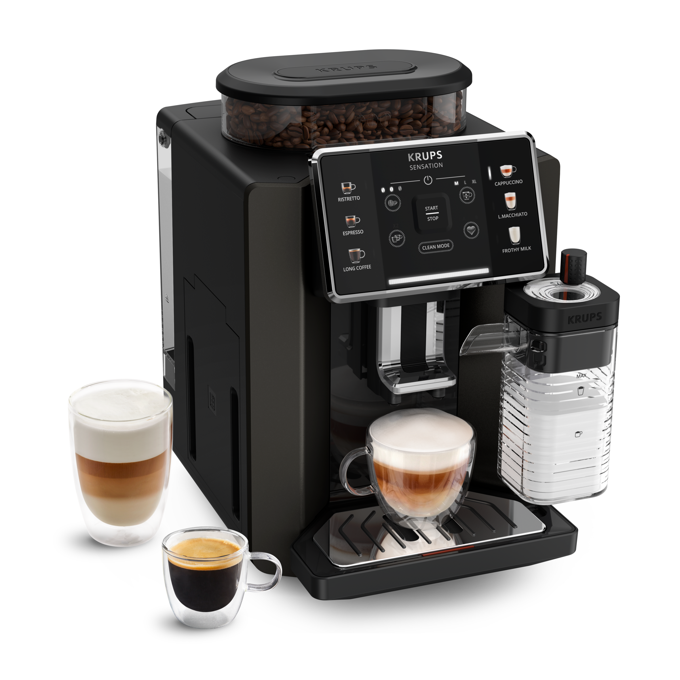 Sensation Lait, Krups, Machine à café à grains, 6 recettes, Carafe à lait 