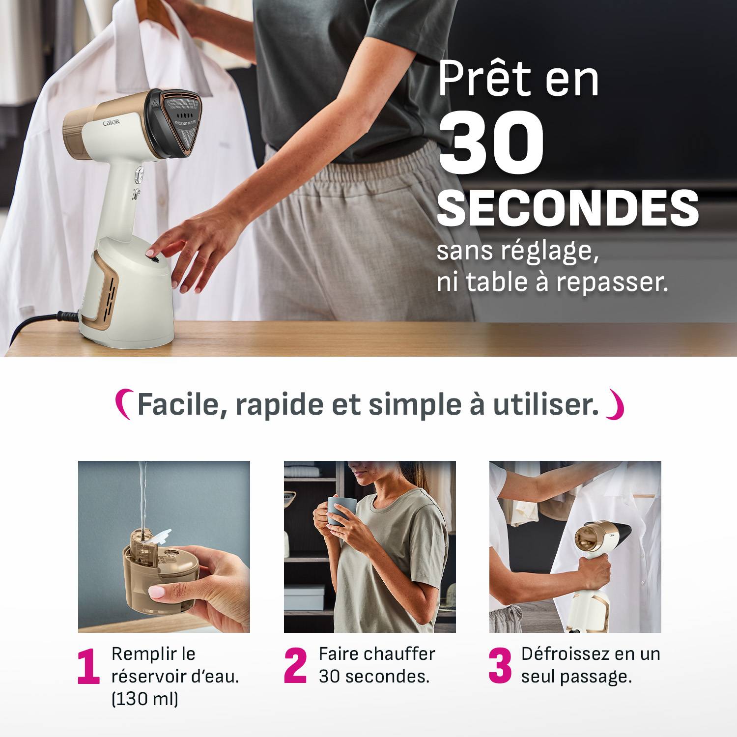 AeroSteam Plus, Le défroisseur à main révolutionnaire, Les résultats d'un fer en un seul passage, Réservoir 130mL