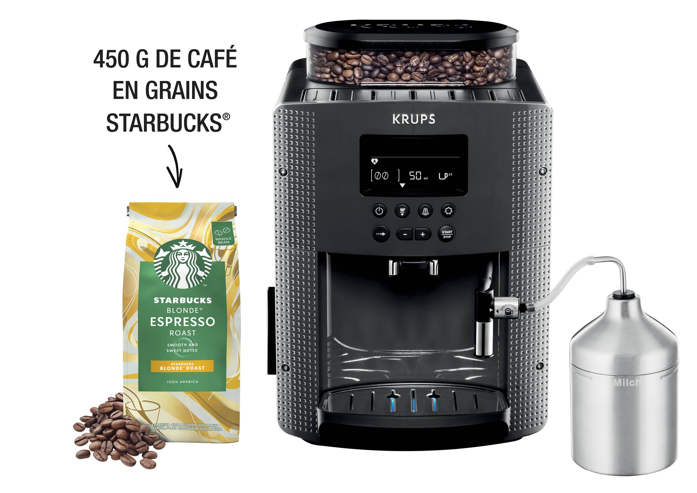Essential, Krups, Machine à café à grains, Ecran LCD, Café Starbucks, Carafe à lait