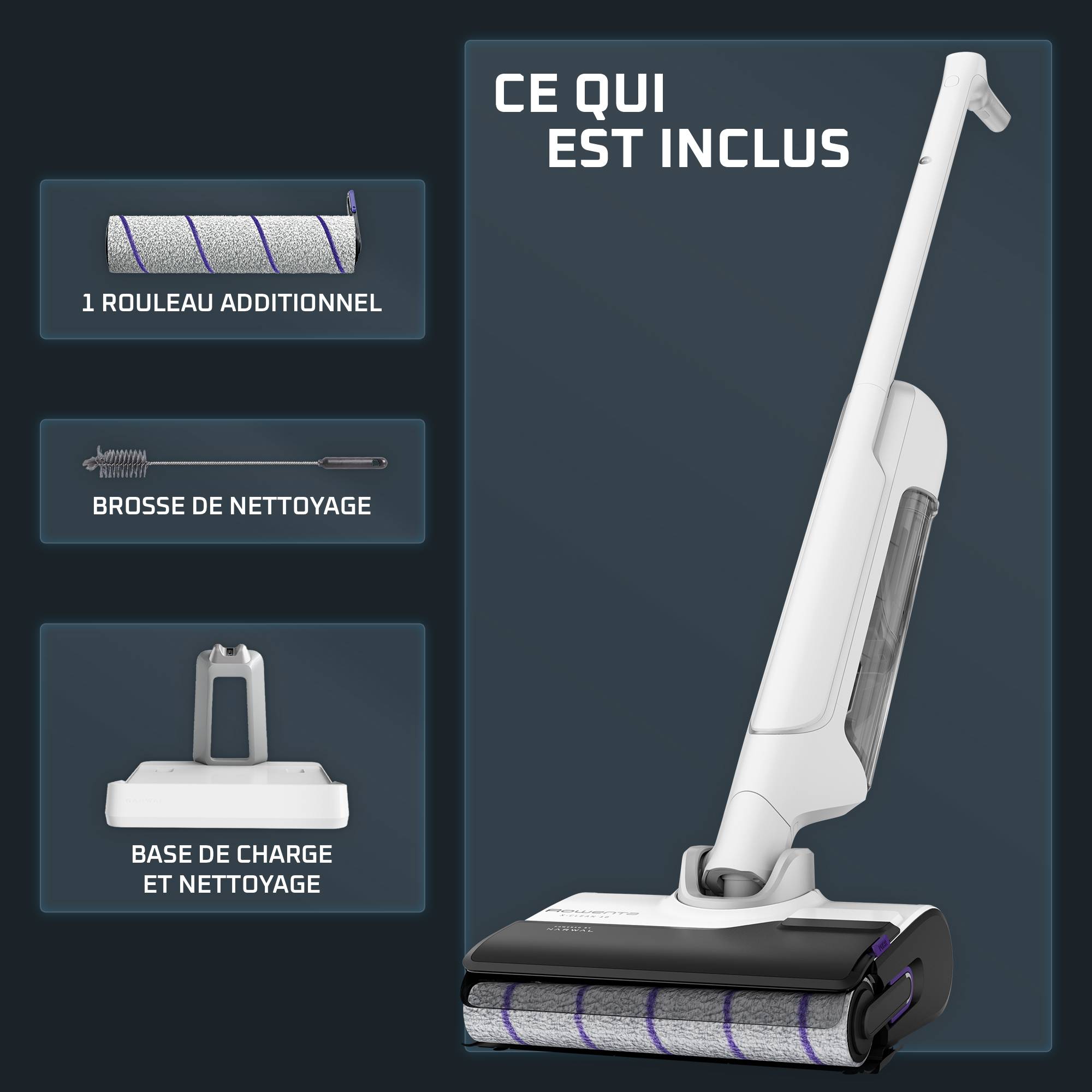 Votre kit X-Clean 10 Aspirateur laveur sans fil, Longue autonomie, Nettoyage et séchage automatiqueInclus : Aspirateur laveur sans fil X-Clean 10 Base de charge pour le cycle de nettoyage et de séchage automatique Brosse de nettoyage Chargeur Rouleau additionnel