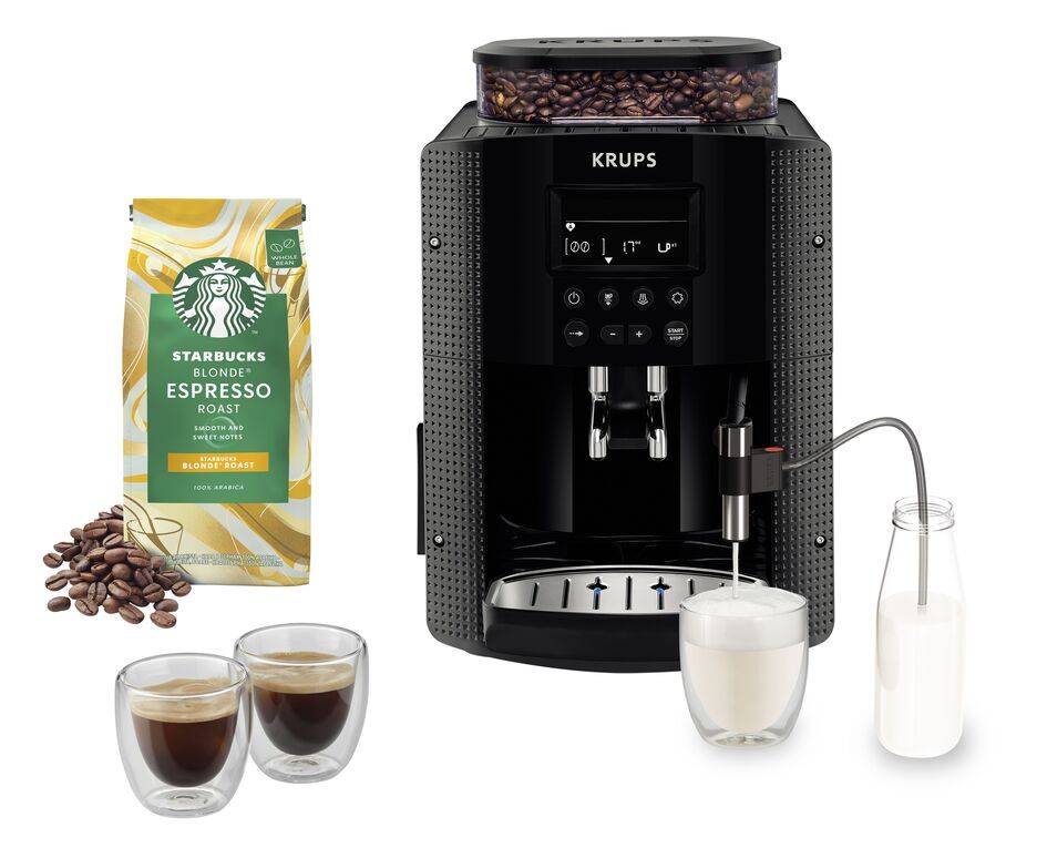Essential, Machine à café à grain Ecran LCD + accessoire lait + 2 tasses espresso + café en grains Starbucks inclus EA8168F1