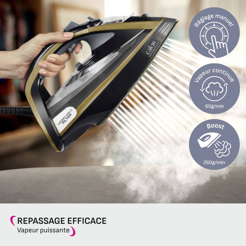 Ultimate Pure, Fer à Repasser Vapeur, 60g/min, Pressing 260 g/min, Réservoir XL, Calor