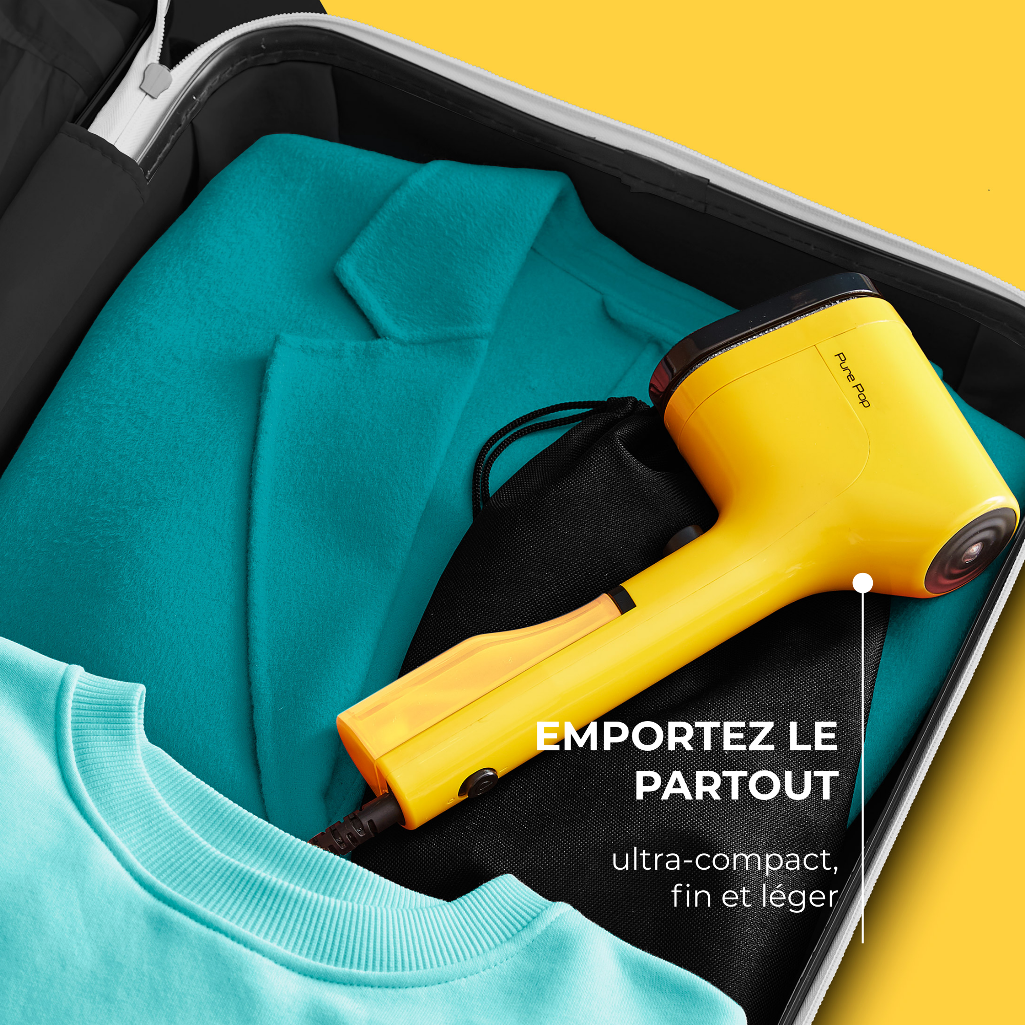 Pure POP Jaune, Défroisseur à Main, 1300 W, 20 g/min, Compact, Voyage, Calor