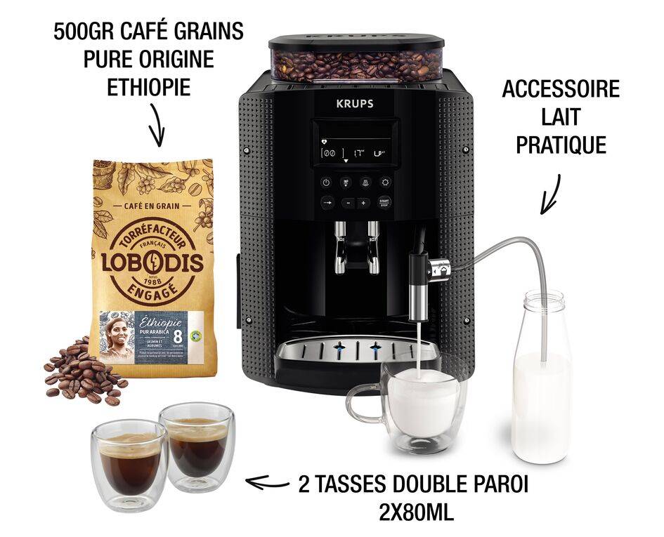 Essential, Machine à café à grain, Ecran LCD + accessoire lait + 2 tasses espresso + café en grains Lobodis EA8168F2