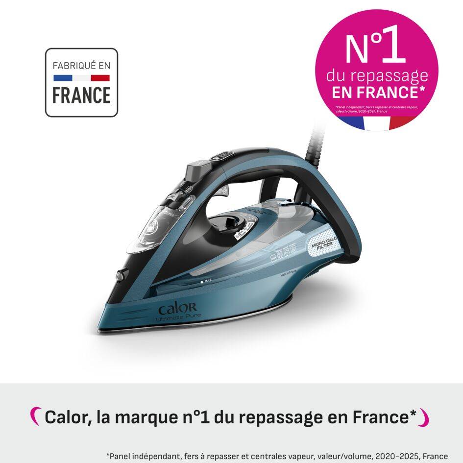 Ultimate Pure, Fer à Repasser Vapeur, 60 g/min, Pressing 300 g/min, Filtre Micro Calc, Calor