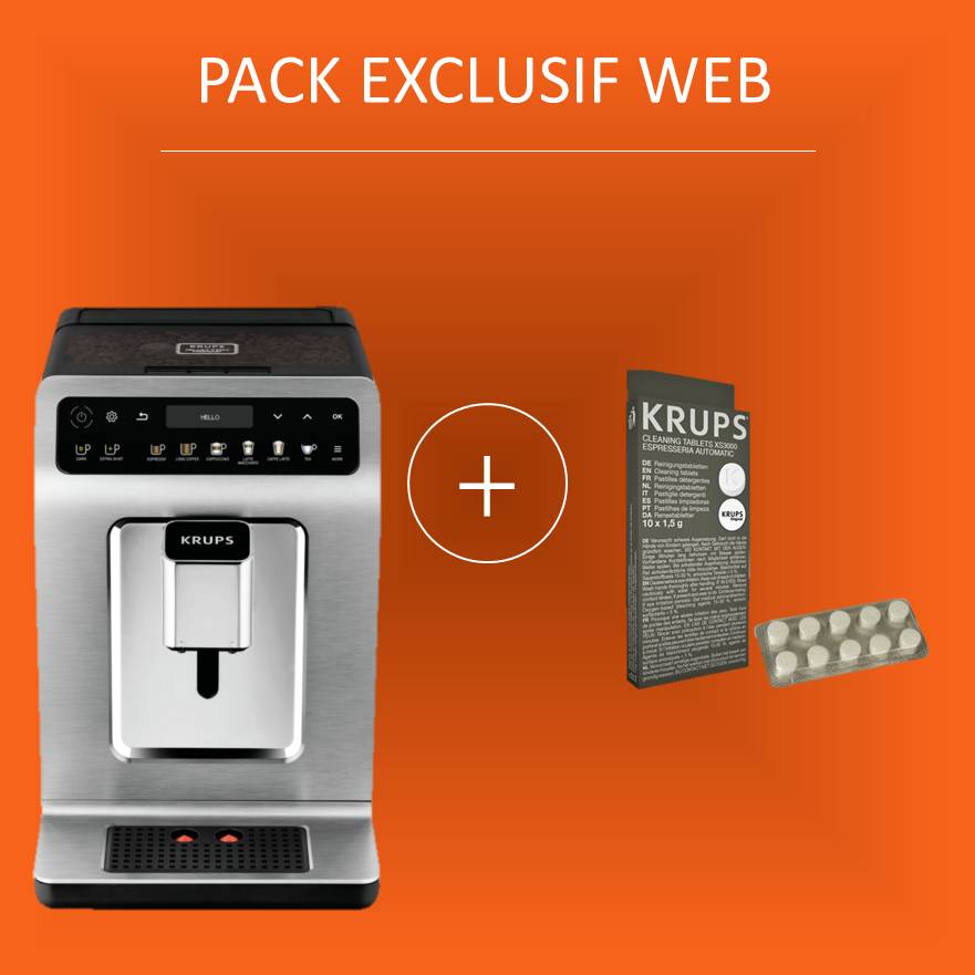 Pack Exclu Web - Evidence, Krups, Machine à café à grains, 14 boissons + 10 pastilles nettoyantes