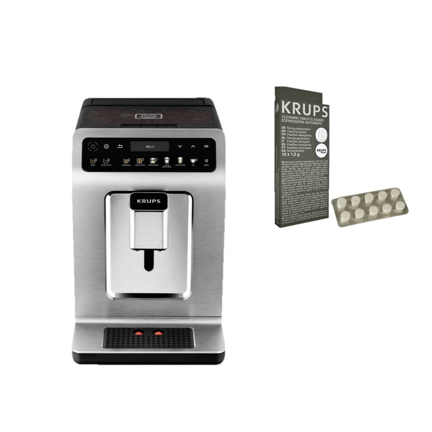 Pack Exclu Web - Evidence, Krups, Machine à café à grains, 14 boissons + 10 pastilles nettoyantes