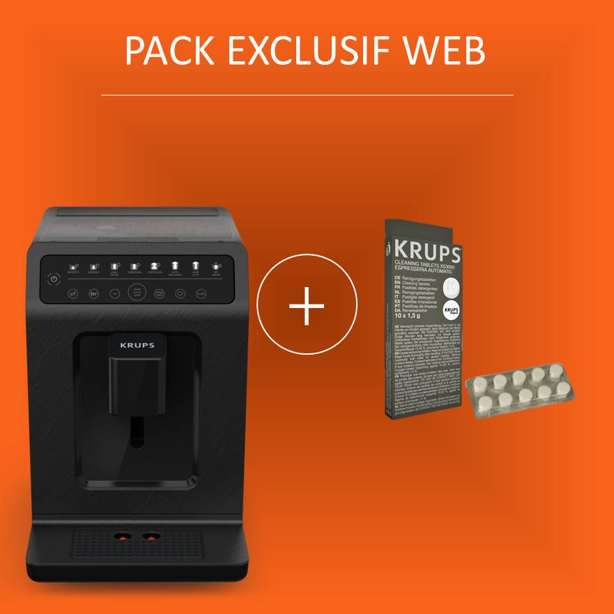 Pack Evidence Eco‑Design Noire, Krups, Machine à café à grains, 8 recettes café et latte + 10 pastilles nettoyantes