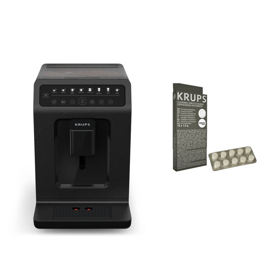 Pack Evidence Eco‑Design Noire, Krups, Machine à café à grains, 8 recettes café et latte + 10 pastilles nettoyantes